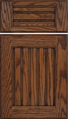 Eclipse Beaded Century Panel, Wooden cabinet door and drawer front featuring a dark brown stained finish, vertical groove paneling, and a raised rectangular border design. The wood grain is visible throughout both pieces