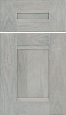 Eclipse Bristol, Two wooden cabinet doors with a light gray finish; the top door is rectangular with horizontal panels, while the bottom door is square with a recessed center panel and a simple frame