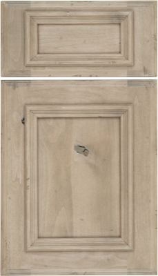 Eclipse Charleston, Two wooden cabinet doors with raised panels and natural wood grain, featuring a distressed, rustic finish and visible knots and imperfections. The top door is a horizontal rectangle; the bottom door is a vertical rectangle
