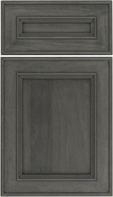Eclipse Dalton, Rectangular cabinet door and drawer front in a muted gray wood finish, both with raised panels and decorative trim around the edges
