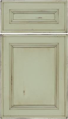 Eclipse Glenbrook, Distressed light green cabinet door and drawer front with raised panel design and visible worn edges