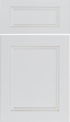 Eclipse Greensboro, White cabinet drawer front above a matching cabinet door front, both featuring a subtle raised panel design with simple, clean lines and slight detailing around the edges
