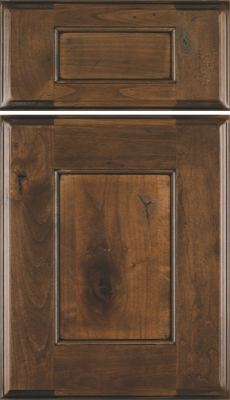Eclipse Heritage, A wooden cabinet door and drawer front with a rich brown finish, visible wood grain, and natural knots, giving it a rustic and textured appearance