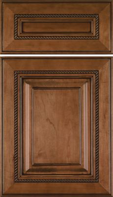 Eclipse Manchester, Raised panel wooden cabinet door and drawer front with decorative rope detailing around the edges, finished in a medium brown stain