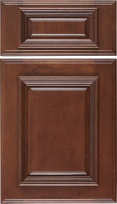 Eclipse Montgomery, Rectangular wooden cabinet door with a rich brown finish, featuring raised decorative panels and detailed molding on both the upper and lower sections