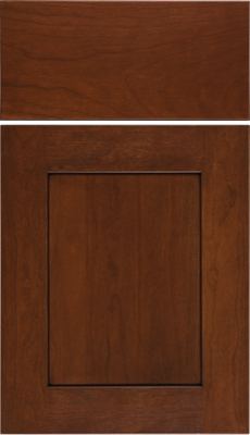 Eclipse New Haven, A wooden cabinet door and drawer front in a rich, medium brown finish, featuring a recessed central panel and simple, clean lines