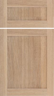 Eclipse Reeded Malibu, Two wooden panels with vertical grooves, separated by a white line. The top panel is rectangular and the bottom panel is square, both featuring a natural wood grain and framed edges
