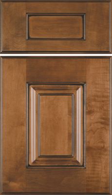 Eclipse Summit, A wooden cabinet door and drawer front with a raised panel design, medium brown finish, and decorative molding detailing