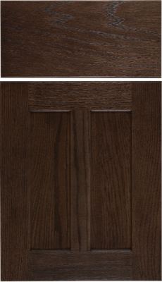 Eclipse Wilmington, A dark brown wooden cabinet door with a shaker-style design, featuring a rectangular frame and recessed center panel, along with a matching wood sample above showing the grain texture