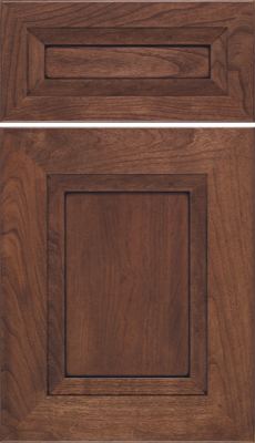 Eclipse Windsor, A wooden cabinet door and drawer front with a rich brown finish and a recessed panel design, featuring raised trim around the edges and natural wood grain patterns