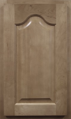 Shiloh Arch Raised Panel, A wooden cabinet door with a natural finish, featuring a raised center panel and an arched top design, surrounded by a rectangular frame