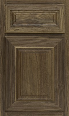 Shiloh Asherville, A wooden cabinet door with a raised rectangular panel design, featuring natural wood grain patterns and a warm brown finish