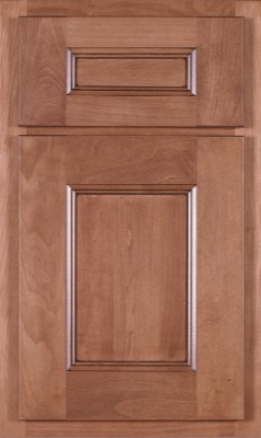 Shiloh Aspen, A wooden cabinet door and drawer front by Bethesda Cabinets with a natural finish, featuring recessed panel designs and beveled edges