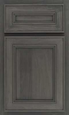 Shiloh Dalton, Gray wooden cabinet door with a rectangular recessed center panel and decorative molding; a smaller matching drawer front is above, both featuring a smooth, matte finish and traditional design