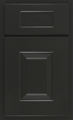 Shiloh Hamlin, A dark gray Bethesda Cabinets kitchen cabinet door with a rectangular raised panel design, featuring a smaller matching panel on the drawer above. The surface is smooth with subtle edges and classic molding
