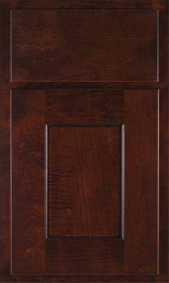 Shiloh Heritage, A dark brown wooden cabinet door with a rectangular recessed center panel and a horizontal raised top panel, featuring a polished, glossy finish