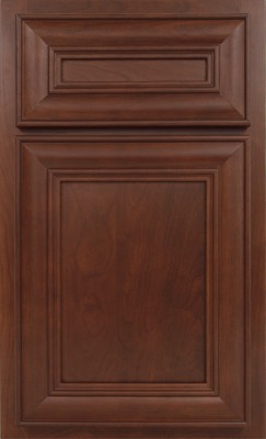Shiloh Kendall, A dark brown, wooden kitchen cabinet door with ornate rectangular recessed panels and beveled edges, showing a polished finish and natural wood grain patterns