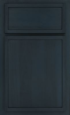 Shiloh Napa, A dark blue kitchen cabinet door from Bethesda Cabinets features a simple, recessed panel design and a matching drawer front above it, both
