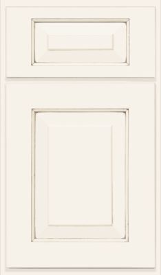 Shiloh Richmond, Bethesda Cabinets offers cabinet doors and drawer fronts in an off-white color with a raised center panel and subtle brown detailing along the inside edges, giving your kitchen cabinets a classic, traditional look