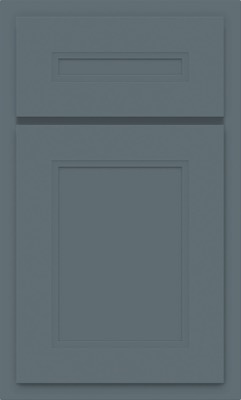 Shiloh Scottsdale Mdf, A cabinet door with a rectangular recessed panel and a matching drawer front above, both in a matte, muted blue-gray color, crafted by Bethesda Cabinets and