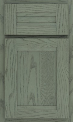 Shiloh Somerset, A cabinet door from Bethesda Cabinets with a greenish wood finish, featuring a rectangular panel design and visible wood grain patterns. The upper section has horizontal slats
