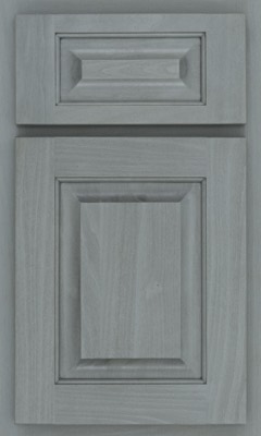 Shiloh Square Raised, Gray wooden cabinet door and matching drawer front from Bethesda Cabinets, featuring a raised panel design and decorative edging, shown against a similarly colored background