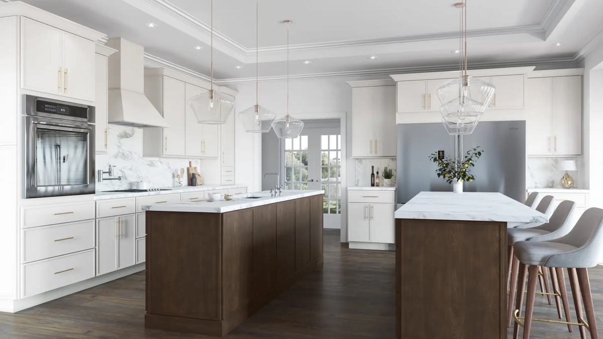 Bright kitchen by Bethesda Cabinets with framed white cabinets, a large island, and an open layout to the living area.