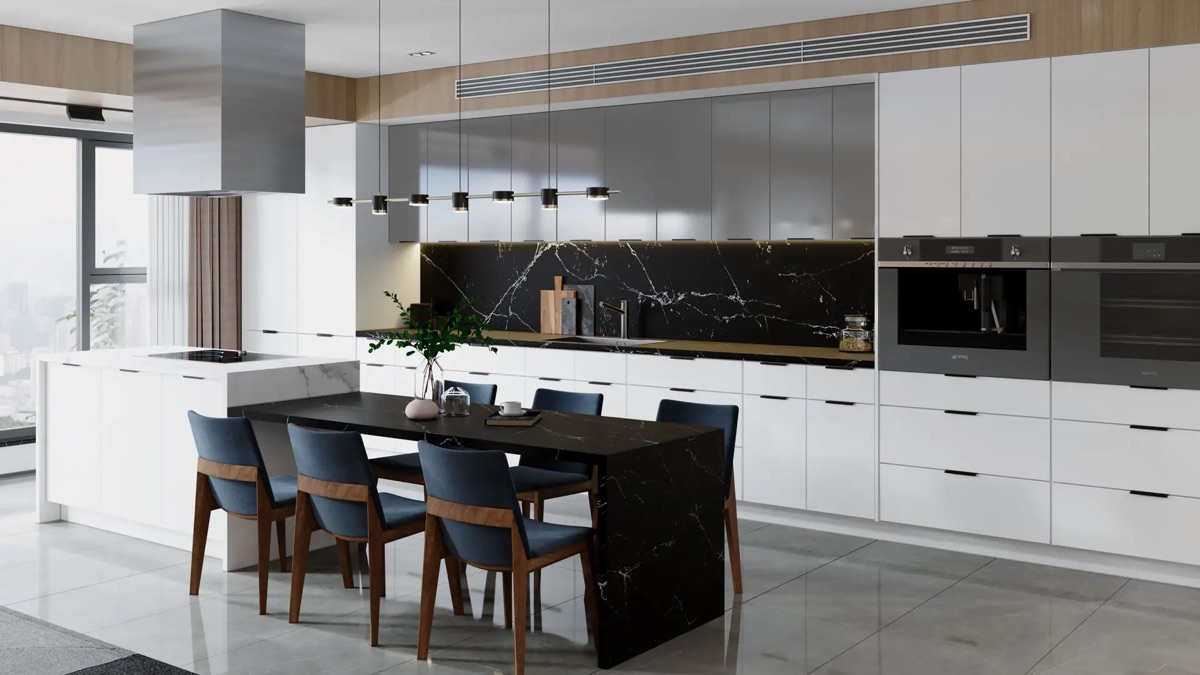Modern kitchen by Bethesda Cabinets with white cabinets, a black marble backsplash, a large island, and a dining table under a wood-slatted ceiling.