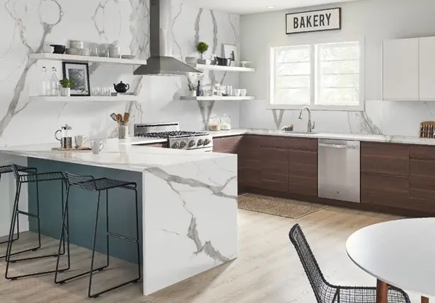 Porcelain countertop surface, a material offered by Bethesda Cabinets.