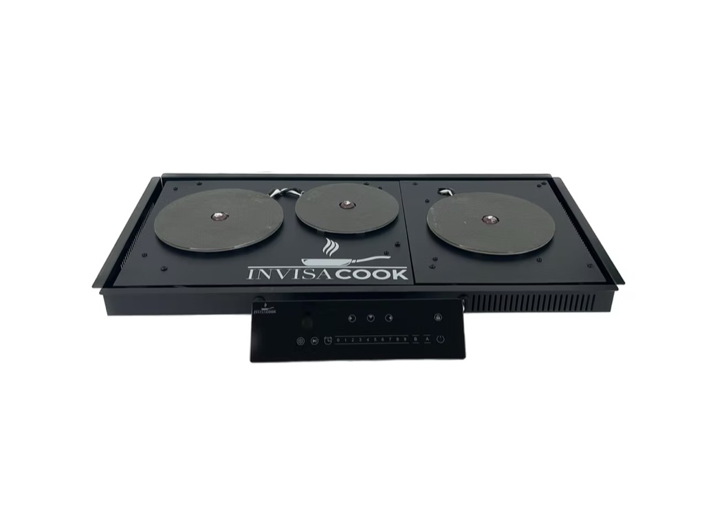 Invisacook 3-burner under-counter cooktop unit with its control panel.