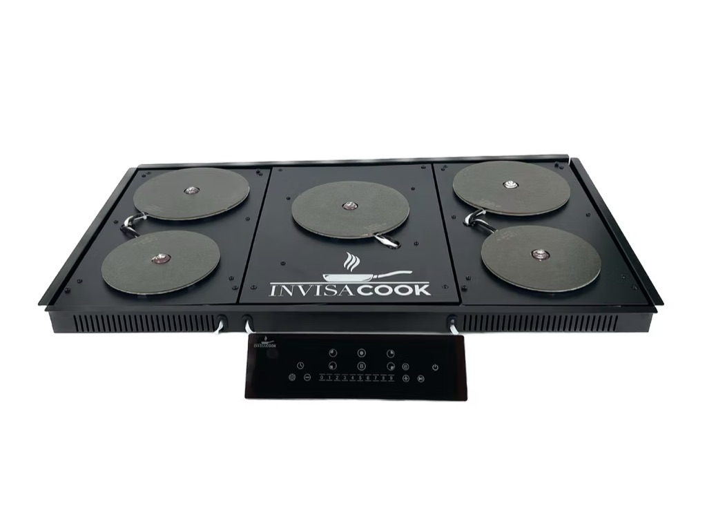 Invisacook 5-burner under-counter cooktop unit with its control panel.